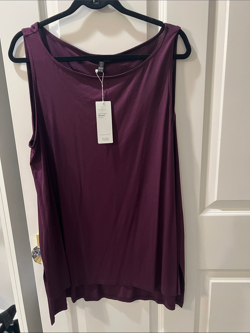 Eileen Fisher bateau neck long shell in rasnt. Lightweight viscose jersey